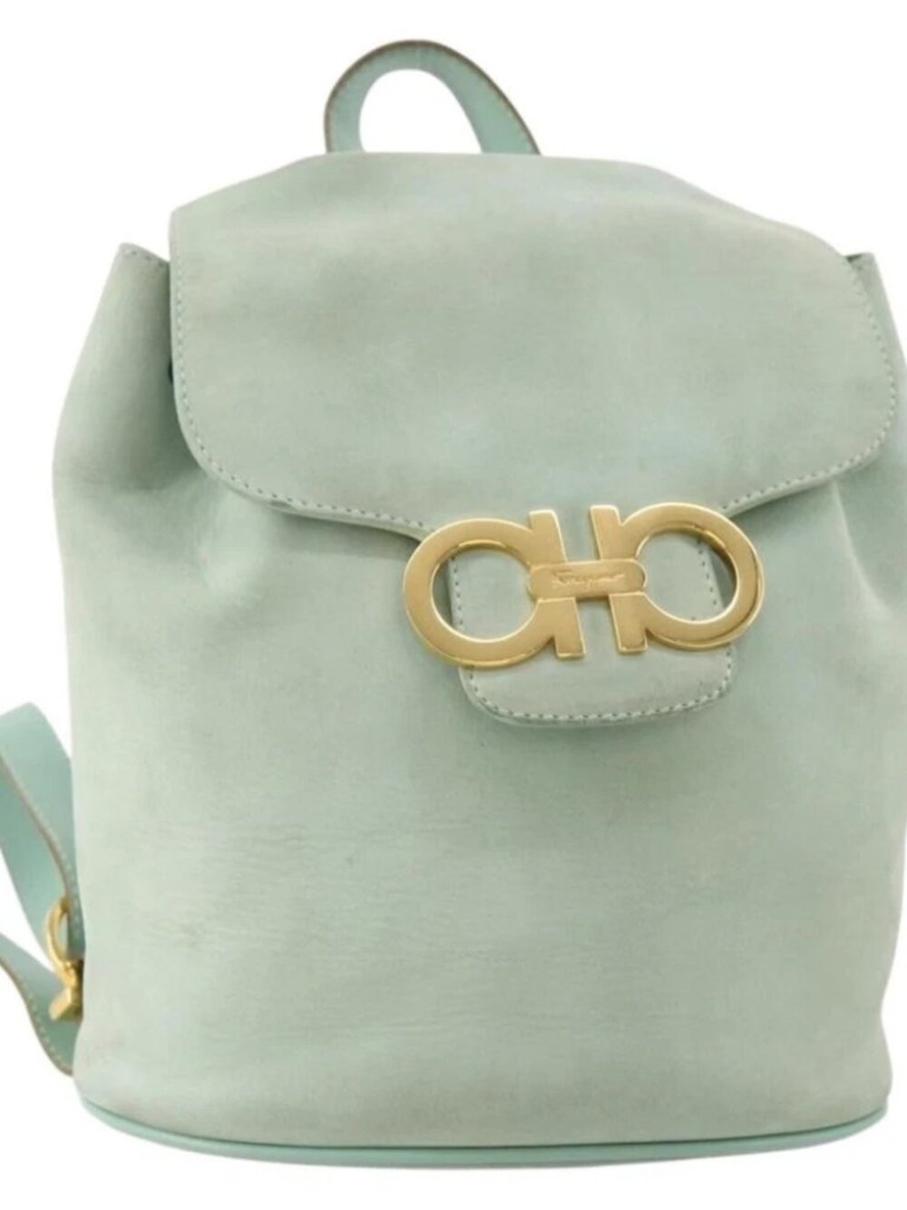 Salvatore Ferragamo Gancini Backpack Suede Green Gold Auth BAZ453